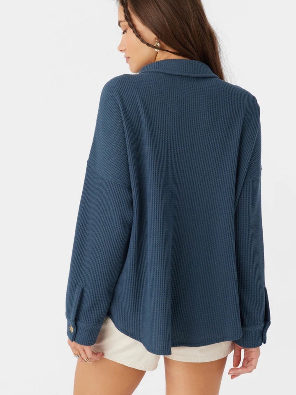 Waffle Knit Button-Front Shirt Jacket - Blue - Picture 3 of 5